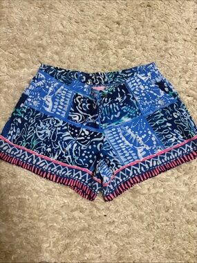 Lilly Pulitzer Blue Patchwork Athletic Shorts with Pink Trim